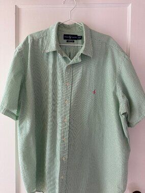 Polo Ralph Lauren Green White Striped Seersucker Shirt 2XB Pink Pony Big&Tall